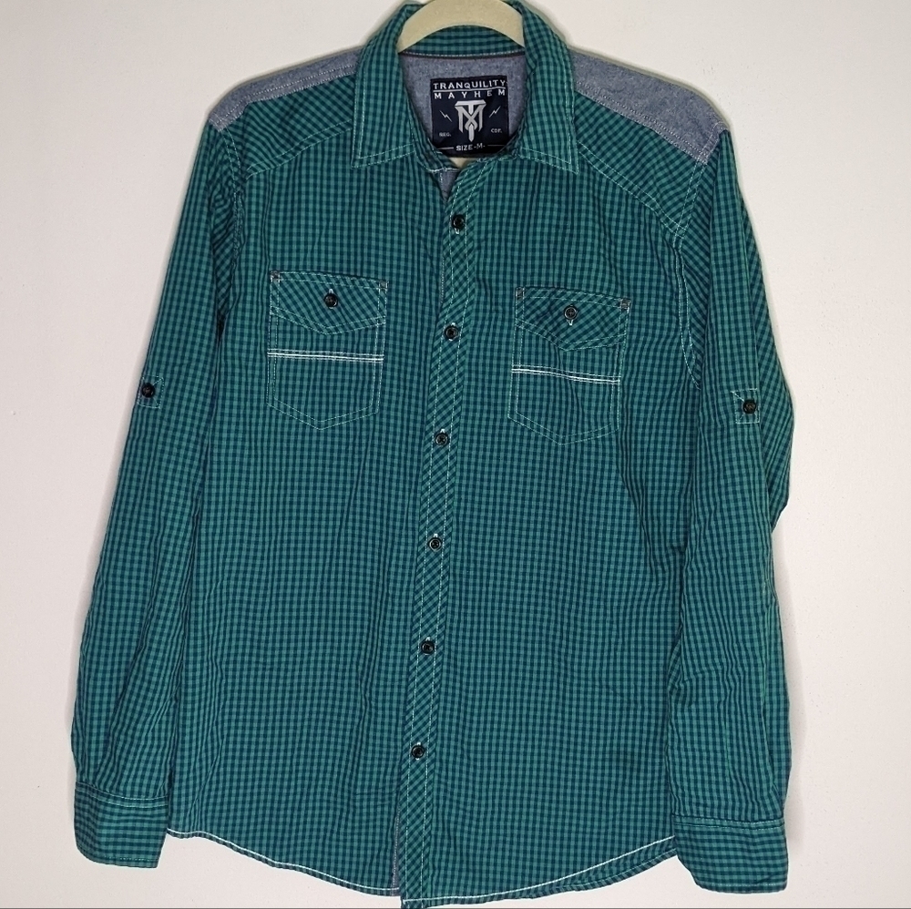 Tranquility mayhem men's western long sleeve roll up shirt medium plaid